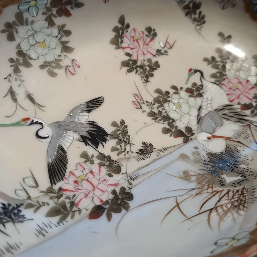 Antique Vintage Hand Painted Chinese Porcelain Bowl / Dish Cranes Flowers Signed